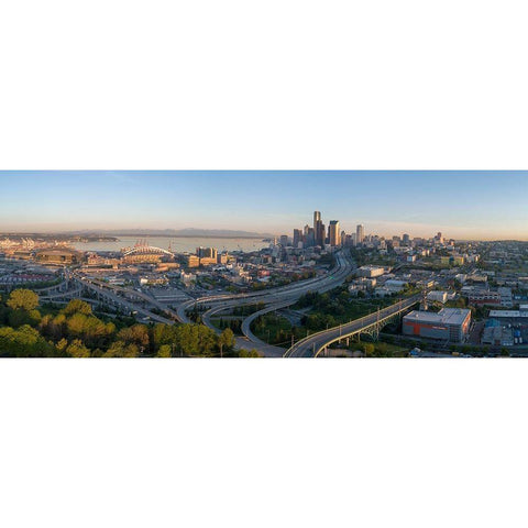 Sunrise view on Seattle-Elliott Bay and the Olympic Mountains as seen from Beacon Hill Black Modern Wood Framed Art Print by Probst, Greg