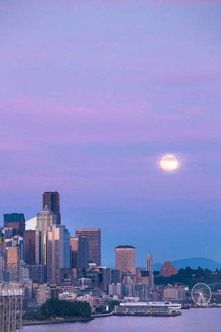 Downtown Seattle with a full moon rising in the evening sky-Seattle-Washington State White Modern Wood Framed Art Print with Double Matting by Probst, Greg
