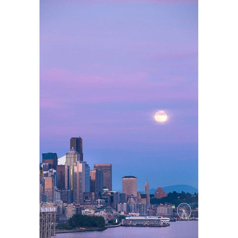 Downtown Seattle with a full moon rising in the evening sky-Seattle-Washington State Black Modern Wood Framed Art Print by Probst, Greg