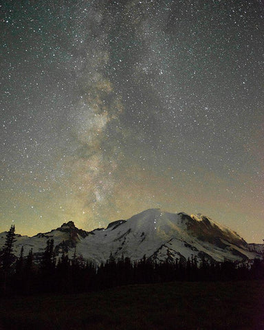 The lights of climbers can be seen on the mountain as the Milky Way rises behind Mt Rainier White Modern Wood Framed Art Print with Double Matting by Probst, Greg