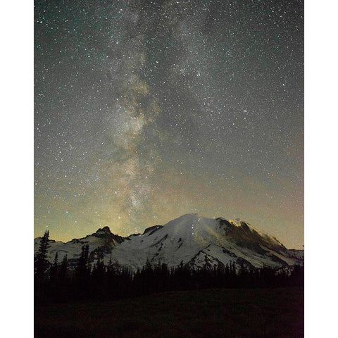 The lights of climbers can be seen on the mountain as the Milky Way rises behind Mt Rainier Black Modern Wood Framed Art Print by Probst, Greg