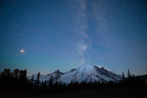 The lights of climbers can be seen on the mountain as the Milky Way rises behind Mt Rainier Black Ornate Wood Framed Art Print with Double Matting by Probst, Greg