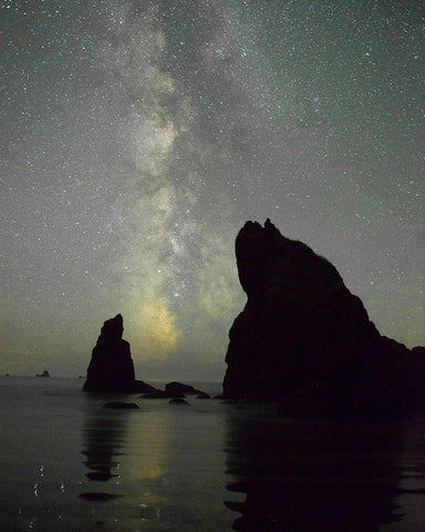 The Milky Way rising behind sea stacks on Ruby Beach-Olympic National Park-Washington State White Modern Wood Framed Art Print with Double Matting by Probst, Greg