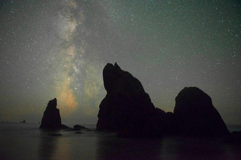 The Milky Way rising behind sea stacks on Ruby Beach-Olympic National Park-Washington State White Modern Wood Framed Art Print with Double Matting by Probst, Greg