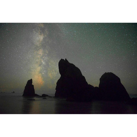 The Milky Way rising behind sea stacks on Ruby Beach-Olympic National Park-Washington State Black Modern Wood Framed Art Print by Probst, Greg