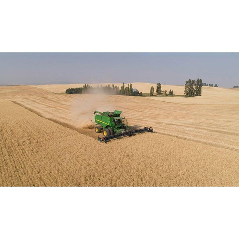 Aerial view of a John Deere combine cutting wheat on a sunny afternoon-Spokane County White Modern Wood Framed Art Print by Probst, Greg