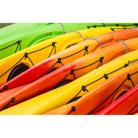 Issaquah-Washington State-USA Colorful kayaks lying on their side White Modern Wood Framed Art Print by Horton, Janet