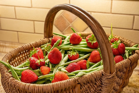 Issaquah- Washington State- USA. Woven basket of freshly harvested green beans and strawberries Black Ornate Wood Framed Art Print with Double Matting by Horton, Janet