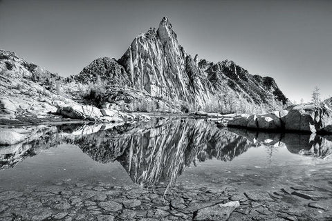 Washington State Alpine Lakes Wilderness-Enchantment Lakes-Prusik Peak reflected in Gnome Tarn White Modern Wood Framed Art Print with Double Matting by Wild, Jamie and Judy