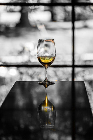Washington State-Woodinville A glass of white wine reflects a spring day in a Woodinville winery White Modern Wood Framed Art Print with Double Matting by Duval, Richard