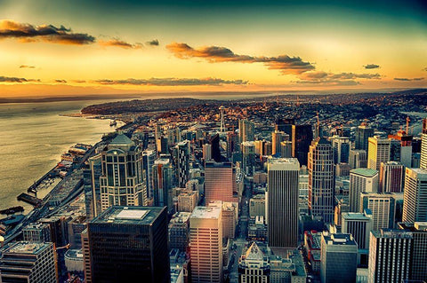 Washington State-Seattle Dusk on the Seattle skyline and Elliot Bay Black Ornate Wood Framed Art Print with Double Matting by Duval, Richard