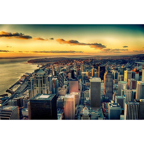 Washington State-Seattle Dusk on the Seattle skyline and Elliot Bay Black Modern Wood Framed Art Print by Duval, Richard