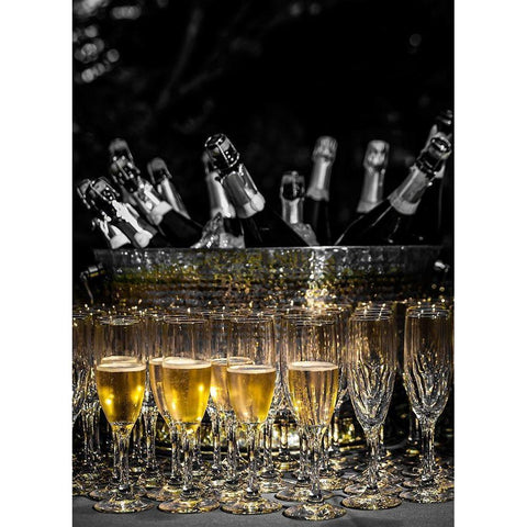 Washington State-Woodinville Sparkling wine bottles and glasses ready for tasting at a wine event Black Modern Wood Framed Art Print with Double Matting by Duval, Richard