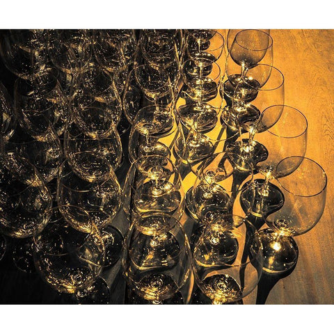 Washington State-Walla Walla Pattern of empty wine glasses in rich sunlight on wooden table Black Modern Wood Framed Art Print by Duval, Richard