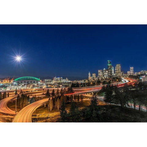 Washington State-Seattle Full Moon Over Downtown Black Modern Wood Framed Art Print by Tilley, Rob