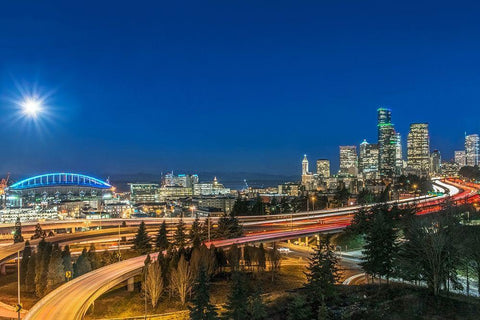 Washington State-Seattle Full Moon Over Downtown Black Ornate Wood Framed Art Print with Double Matting by Tilley, Rob