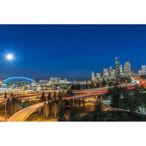 Washington State-Seattle Full Moon Over Downtown Gold Ornate Wood Framed Art Print with Double Matting by Tilley, Rob