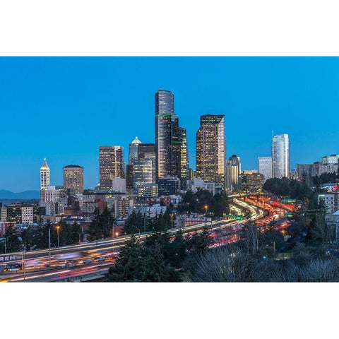 Washington State-Seattle I-5 and Downtown Black Modern Wood Framed Art Print by Tilley, Rob