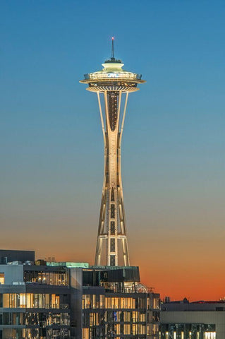 Washington State-Seattle Space Needle at Sunset White Modern Wood Framed Art Print with Double Matting by Tilley, Rob