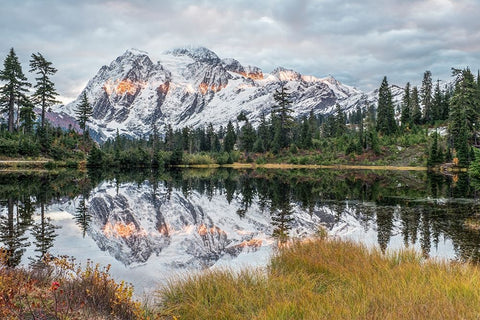 Washington State-Mt Baker and Snoqualmie National Forest-Mt Shuksan and Picture Lake White Modern Wood Framed Art Print with Double Matting by Tilley, Rob