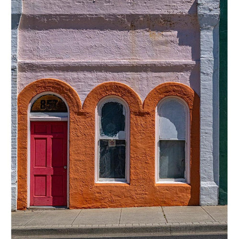 USA-Washington State-Pomeroy Colorful old building with arched windows and doorway with scale White Modern Wood Framed Art Print by Gulin, Sylvia