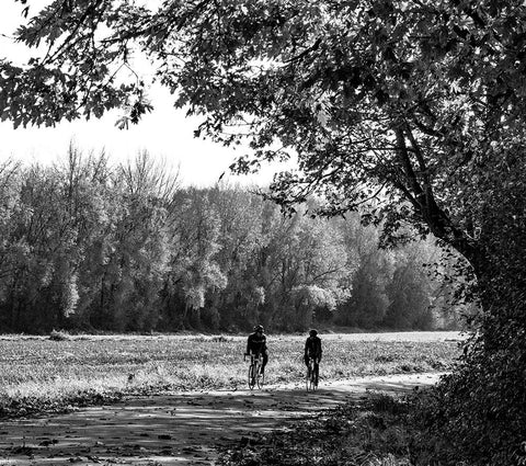 USA-Washington State-Fall City black and white two bike riders along Neal Rd SE White Modern Wood Framed Art Print with Double Matting by Gulin, Sylvia