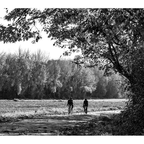 USA-Washington State-Fall City black and white two bike riders along Neal Rd SE White Modern Wood Framed Art Print by Gulin, Sylvia