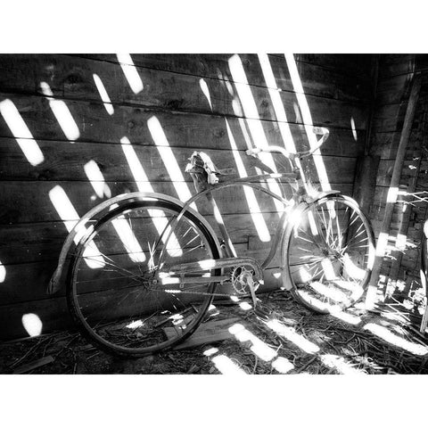 Old bicycle inside barn with shadows streaming Black Modern Wood Framed Art Print by Eggers, Terry