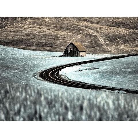 USA-Washington State-Palouse-Road running through the crops with barn along side the road Black Modern Wood Framed Art Print by Eggers, Terry