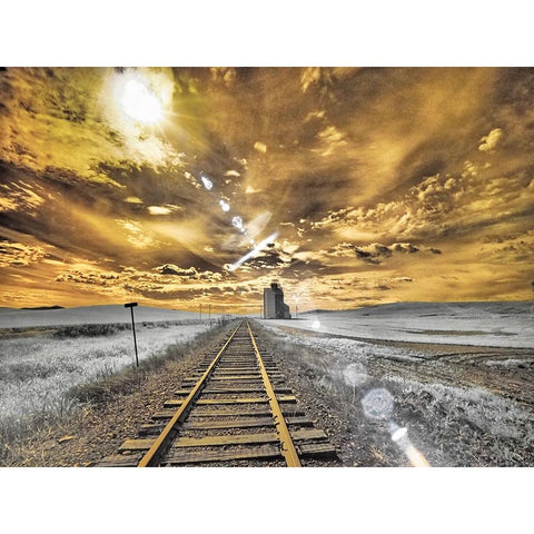 USA-Washington State-Palouse-Backcountry rail Road and Silo through wheat field with clouds Black Modern Wood Framed Art Print by Eggers, Terry