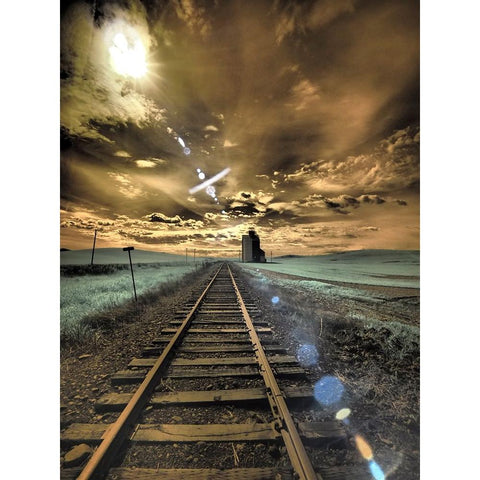 USA-Washington State-Palouse-Backcountry rail Road and Silo through wheat field with clouds Black Modern Wood Framed Art Print by Eggers, Terry