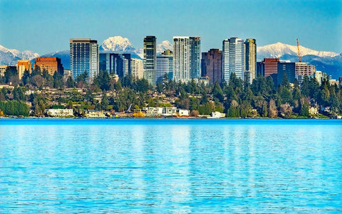 High-rise buildings-Lake Washington and snowcapped Cascade Mountains-Bellevue-Washington State Black Ornate Wood Framed Art Print with Double Matting by Perry, William
