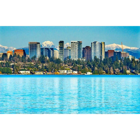 High-rise buildings-Lake Washington and snowcapped Cascade Mountains-Bellevue-Washington State Black Modern Wood Framed Art Print by Perry, William