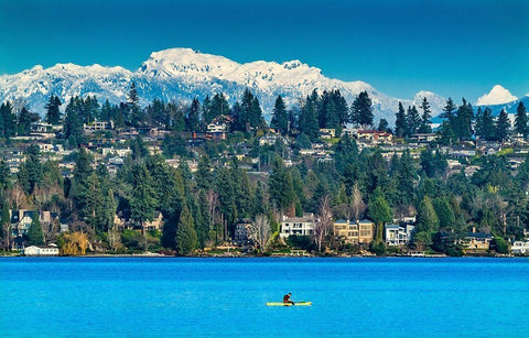 Yellow canoe and houses-Lake Washington and snowcapped Cascade Mountains-Bellevue-Washington State White Modern Wood Framed Art Print with Double Matting by Perry, William