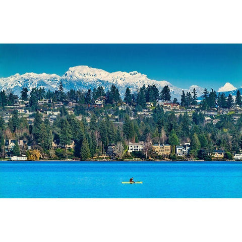 Yellow canoe and houses-Lake Washington and snowcapped Cascade Mountains-Bellevue-Washington State Black Modern Wood Framed Art Print by Perry, William