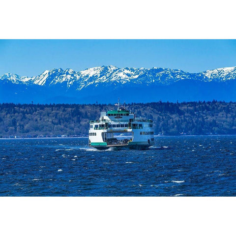 Washington State Ferry Olympic Mountains-Edmonds-Washington State Gold Ornate Wood Framed Art Print with Double Matting by Perry, William