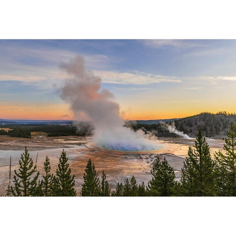 Elevated sunrise view of Grand Prismatic spring and colorful bacterial mat-Yellowstone National Park Black Modern Wood Framed Art Print by Jones, Adam