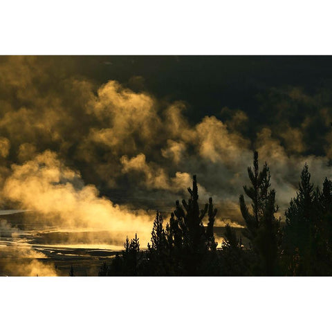Elevated view of runoff water and bacterial mat-Grand Prismatic spring Black Modern Wood Framed Art Print by Jones, Adam