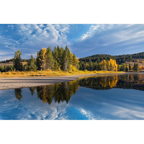 Tranquil autumn scene along Snake River-Grand Teton National Park-Wyoming Black Modern Wood Framed Art Print by Jones, Adam