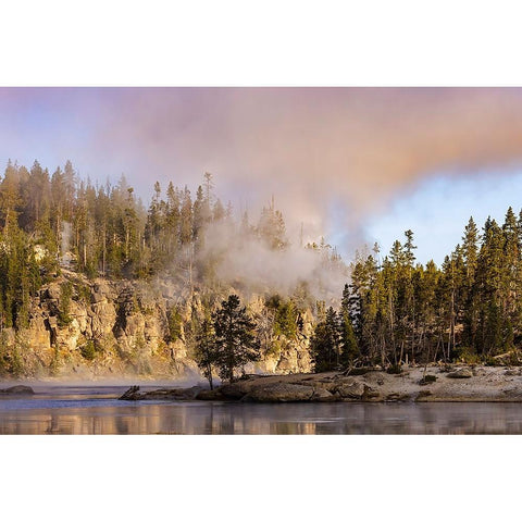 Morning mist on Yellowstone River-Yellowstone National Park-Wyoming Gold Ornate Wood Framed Art Print with Double Matting by Jones, Adam