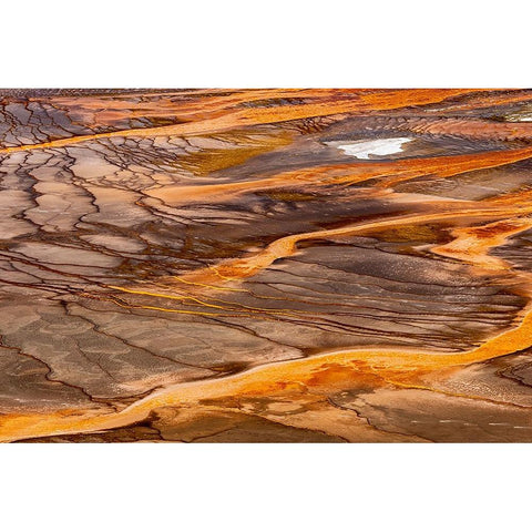 Elevated view of patterns in bacterial mat around Grand Prismatic spring Black Modern Wood Framed Art Print by Jones, Adam