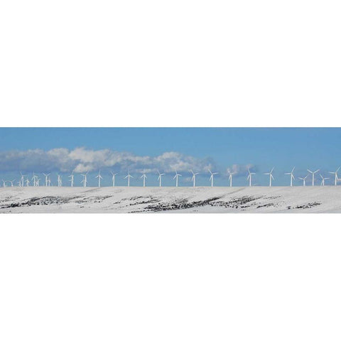 WY, Foote Creek Rim Row of wind turbines in snow White Modern Wood Framed Art Print by Terrill, Steve