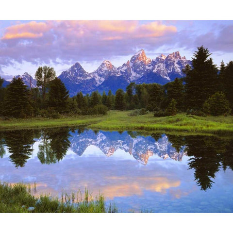 Wyoming Grand Tetons reflect in the Snake River Black Modern Wood Framed Art Print with Double Matting by Talbot Frank, Christopher