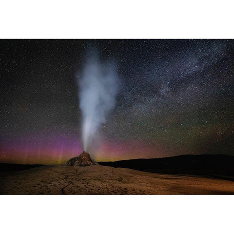 Wyoming-Yellowstone National Park Aurora and Milky Way above erupting White Dome Geyser  White Modern Wood Framed Art Print by Jaynes Gallery