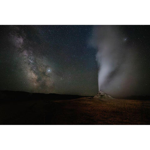 Wyoming-Yellowstone National Park Milky Way above erupting White Dome Geyser  Gold Ornate Wood Framed Art Print with Double Matting by Jaynes Gallery