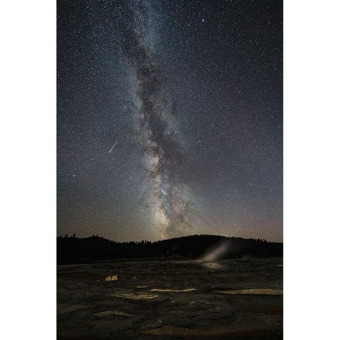 USA-Wyoming-Yellowstone National Park Meteor streaks across Milky Way Black Modern Wood Framed Art Print by Jaynes Gallery