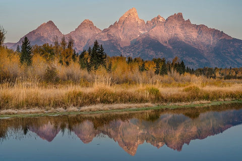 USA-Wyoming-Grand Teton National Park Grand Teton Mountains reflect in lake Black Ornate Wood Framed Art Print with Double Matting by Jaynes Gallery