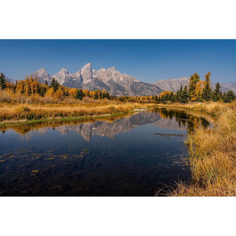 USA-Montana-Grand Teton National Park Grand Teton Range and stream reflects in stream Black Modern Wood Framed Art Print by Jaynes Gallery