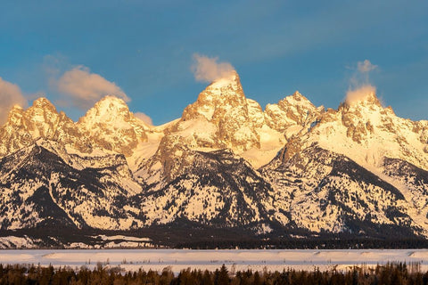 USA- Wyoming- Grand Teton National Park. Grand Tetons in winter. Black Ornate Wood Framed Art Print with Double Matting by Jaynes Gallery