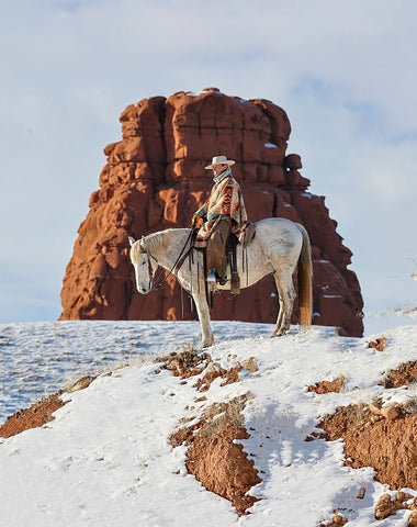 USA- Wyoming. Hideout Ranch cowgirl on horseback riding on ridgeline snow.  White Modern Wood Framed Art Print with Double Matting by Gulin, Darrell